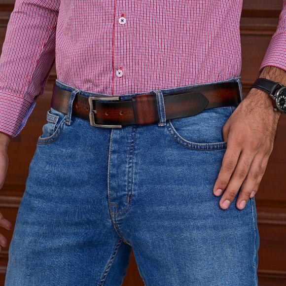 Genuine Leather Belt  For Men - Burnt Maroon Full Grain  - Free Personalization - Picture 10 of 15